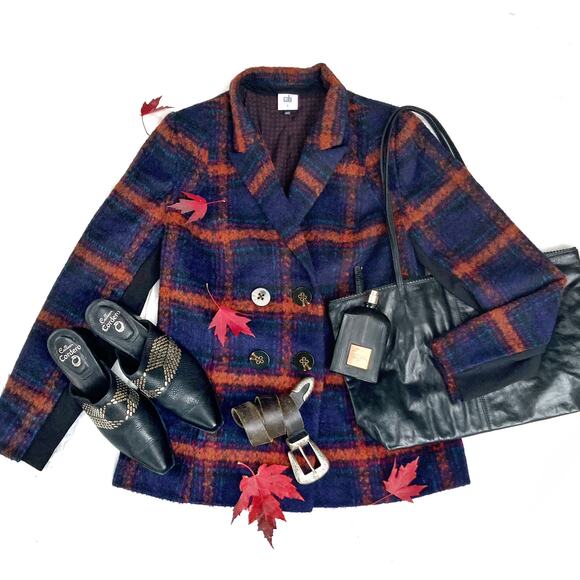 Cabi Plaid City Coat in Navy & Rust | Double-Breasted Fall Statement Jacket Edit - Picture 11 of 16